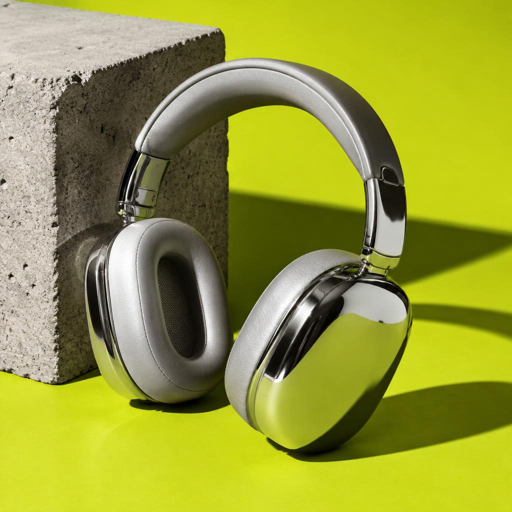 Chrome headphones on an acid green surface